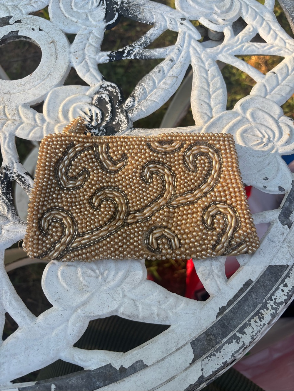 Vintage 60s Emson Handmade Pearl Swirl Beaded Clutch Evening Bag Japan